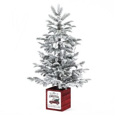 Luxenhome 4ft Pre-lit Led Artificial Flocked Fir Christmas Tree With Red Wood Square Planter : Target